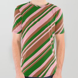 [ Thumbnail: Light Pink, Sienna, and Dark Green Colored Stripes Pattern All Over Graphic Tee ]