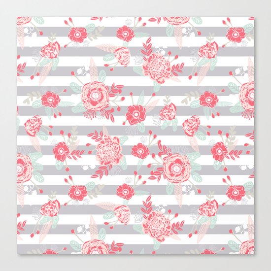 Elli - gender neutral florals grey stripe pattern modern nursery home decor Canvas Print
