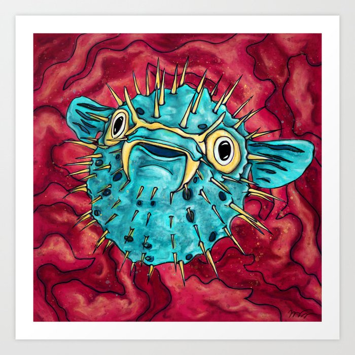 Cute puffer fish painting, cartoon blowfish Art Print