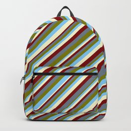 [ Thumbnail: Maroon, Slate Gray, Green, Light Sky Blue, and Light Yellow Colored Stripes/Lines Pattern Backpack ]