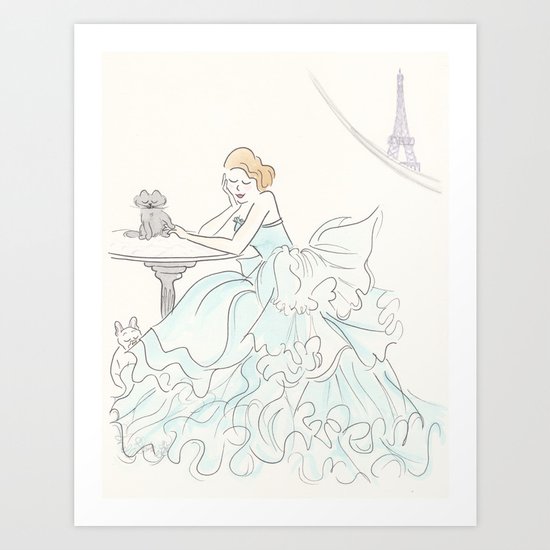 Glam Gorgeous Gowned Girl with Eiffel Tower View and Paris Pets Art Print