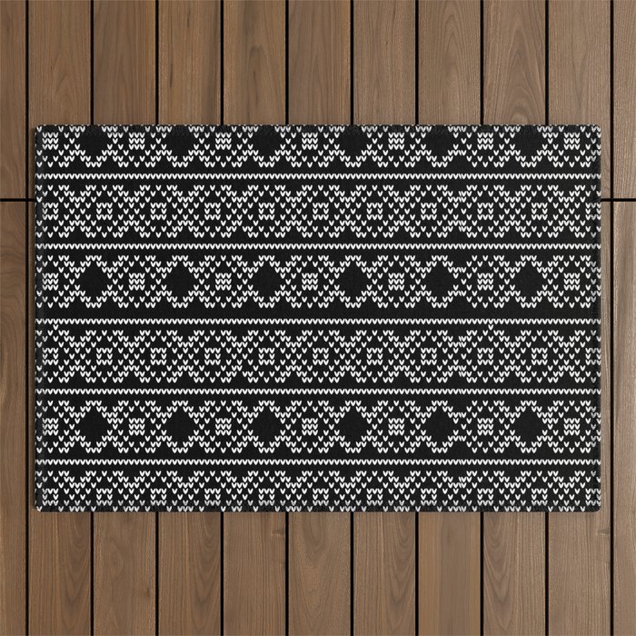 Decorative Black and White Christmas Knit Pattern Outdoor Rug