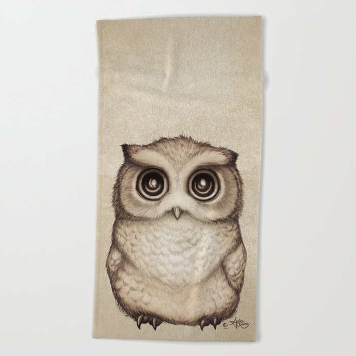 "The Little Owl" by Amber Marine ~ Graphite & Ink Illustration, (Copyright 2016) Beach Towel