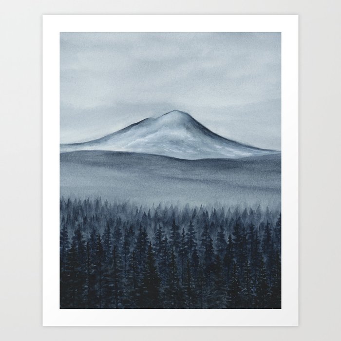 Mountain from Tumalo II - Indigo Dark Blue Wall Art, Mountain Forest Watercolor Painting, Rustic Modern Home Décor Art Print