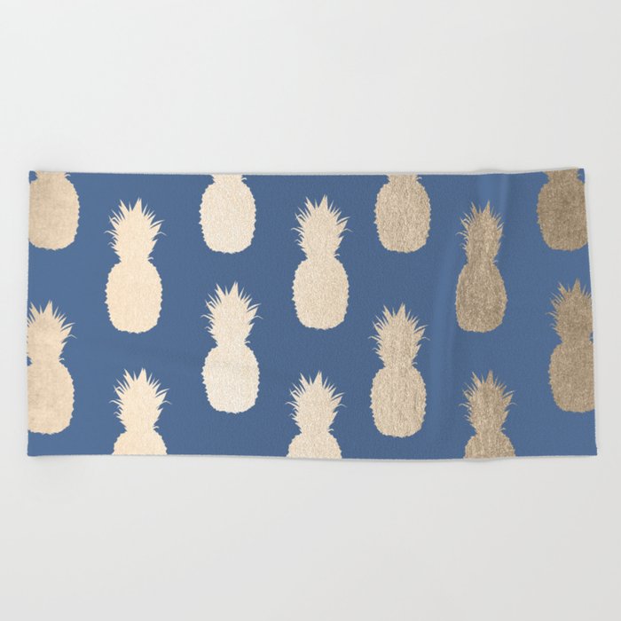 Gold Pineapples on Aegean Blue Beach Towel