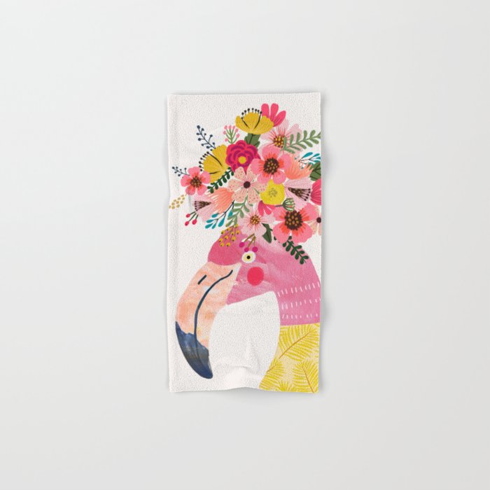 Pink flamingo with flowers on head Hand & Bath Towel