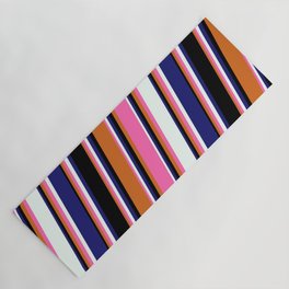 [ Thumbnail: Chocolate, Hot Pink, Mint Cream, Midnight Blue & Black Colored Lines/Stripes Pattern Yoga Mat ]
