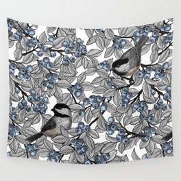 Chickadees on blueberry branches Wall Tapestry