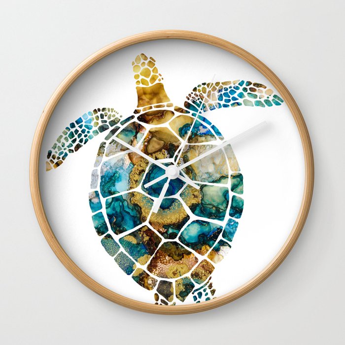 Turtle with abstract fluid art design blue gold Wall Clock