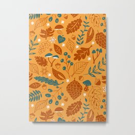 Fall Foliage in Yellow, Terracotta, and Blue Metal Print
