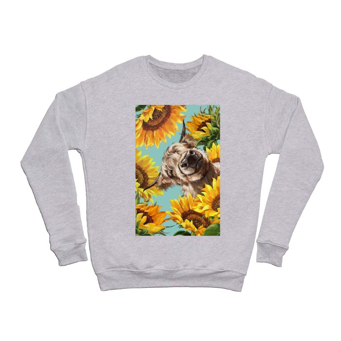 Highland Cow with Sunflowers in Blue Crewneck Sweatshirt