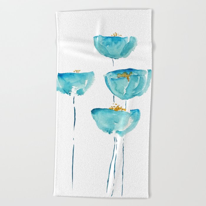 blue poppy watercolor Beach Towel