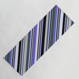 [ Thumbnail: Eyecatching Grey, Dark Slate Gray, Slate Blue, Lavender, and Black Colored Lines/Stripes Pattern Yoga Mat ]