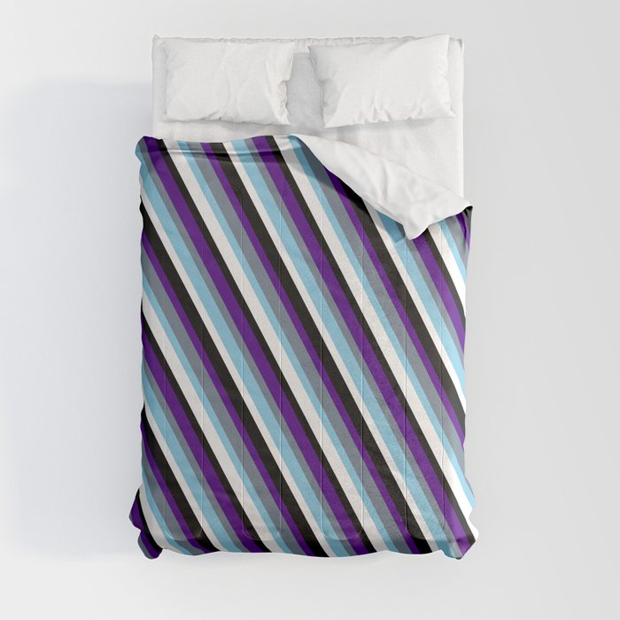 Eyecatching Indigo, Slate Gray, Sky Blue, White & Black Colored Stripes Pattern Comforter