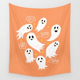 Friendly Ghosts on Orange Wall Tapestry