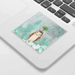 BONSAI Owl  in a secret garden with blooming white lilies. Sticker