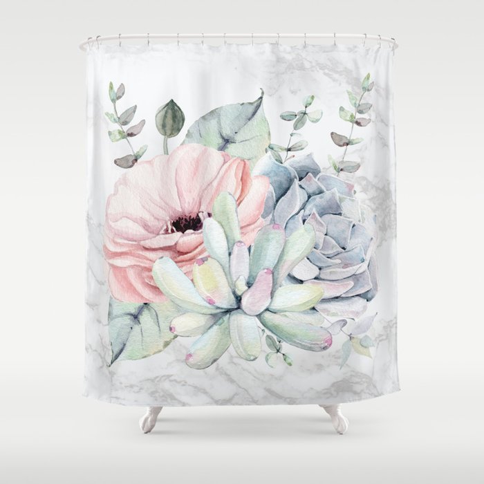 Pretty Succulents on Marble Watercolor by Nature Magick Shower Curtain