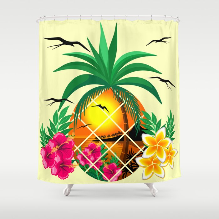 Pineapple Tropical Sunset, Palm Tree and Flowers Shower Curtain