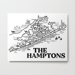 The Hamptons Map Art Metal Print | Digital, Thehamptonsmap, Typography, Montauk, Thehamptonsdecor, Hamptonsny, Drawing, Sagharbor, Longisland, Black And White 