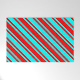 [ Thumbnail: Aqua and Red Colored Lined Pattern Welcome Mat ]