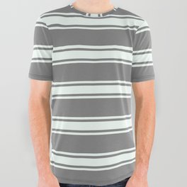 [ Thumbnail: Gray & Mint Cream Colored Stripes Pattern All Over Graphic Tee ]