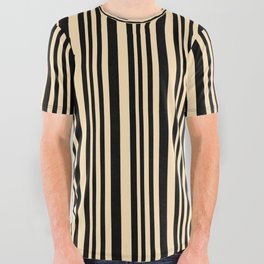 [ Thumbnail: Black & Beige Colored Pattern of Stripes All Over Graphic Tee ]