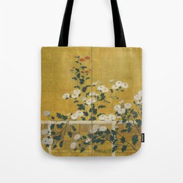 Red and White Chrysanthemums Vintage Japanese Gold Leaf Screen Tote Bag