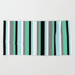 [ Thumbnail: Aquamarine, Black, Powder Blue, Mint Cream, and Gray Colored Pattern of Stripes Beach Towel ]