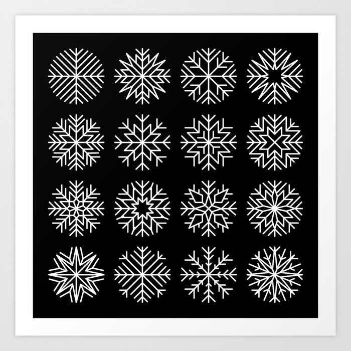 minimalist snow flakes on black Art Print