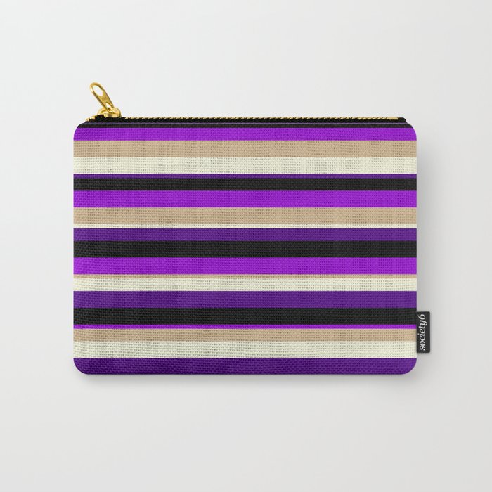 Colorful Black, Dark Violet, Tan, Beige, and Indigo Colored Lined/Striped Pattern Carry-All Pouch