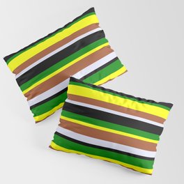 [ Thumbnail: Eye-catching Yellow, Sienna, Lavender, Black & Green Colored Striped Pattern Pillow Sham ]