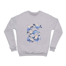 Watercolor Blue Whales with Flowers - Florals Whales Marine Crewneck Sweatshirt
