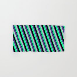 [ Thumbnail: Dark Slate Blue, Grey, Green, and Black Colored Lines/Stripes Pattern Hand & Bath Towel ]