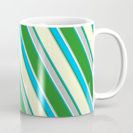 [ Thumbnail: Light Yellow, Deep Sky Blue, Forest Green & Grey Colored Stripes Pattern Coffee Mug ]