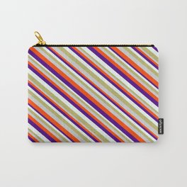 [ Thumbnail: Eye-catching Dark Khaki, Light Gray, Red, Indigo, and Mint Cream Colored Striped Pattern Carry-All Pouch ]