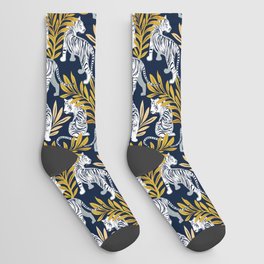 Nouveau white tigers // navy blue background yellow leaves silver lines white animals Socks