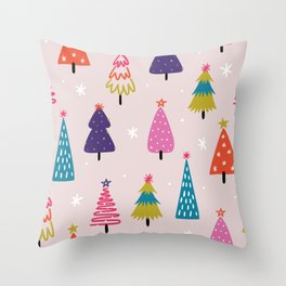Colorful Pink Christmas Pine Trees Throw Pillow