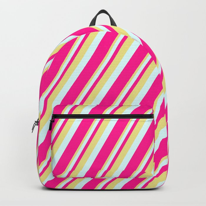 Tan, Light Cyan & Deep Pink Colored Striped Pattern Backpack