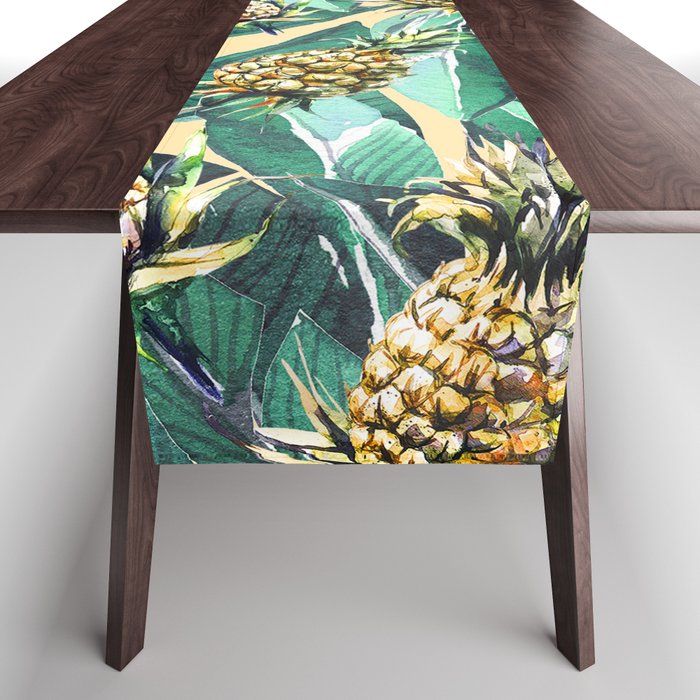 Forest green yellow banana leaves tropical pineapple pattern Table Runner