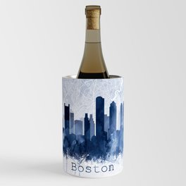 Boston Skyline Map Watercolor Navy Blue, Print by Zouzounio Art Wine Chiller