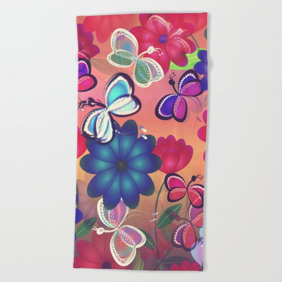 Abstract Butterflies with Flowers (Vintage Orange) Beach Towel