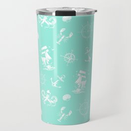 Mint Blue And White Silhouettes Of Vintage Nautical Pattern Travel Mug
