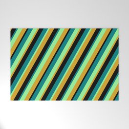 [ Thumbnail: Green, Goldenrod, Black, and Teal Colored Lined/Striped Pattern Welcome Mat ]