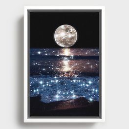 SUNSET | magical | stars | moon | night | waves | moon | sky | beach | ocean | sea | blue | bling  Framed Canvas