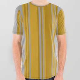 [ Thumbnail: Dark Gray, Dark Goldenrod, and Goldenrod Colored Pattern of Stripes All Over Graphic Tee ]