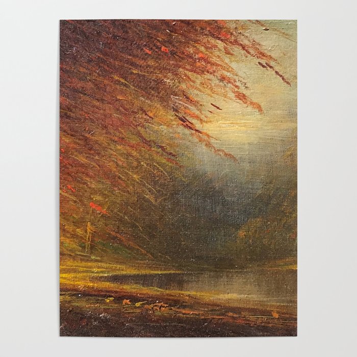 Autumn Leaves on the River Bank landscape painting by H. Joiner Poster