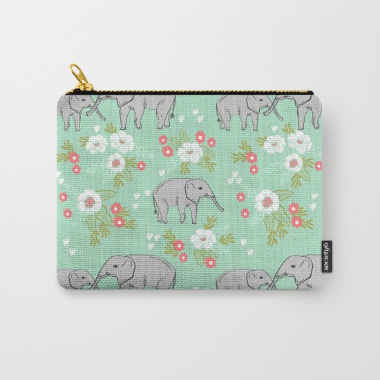 Elephants pattern mint blue with florals cute nursery baby animals lucky gifts Carry-All Pouch