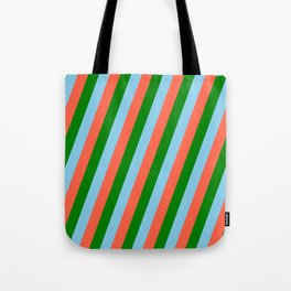 [ Thumbnail: Sky Blue, Red, and Green Colored Stripes Pattern Tote Bag ]