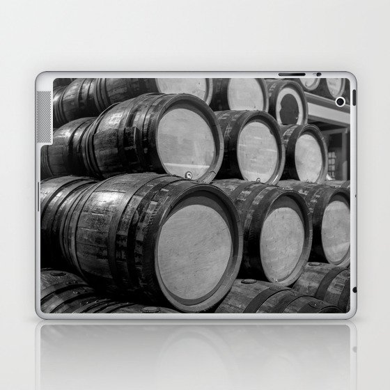 Tuscany wine vineyard oak cask wine barrels stacked in wine cellar black and white photograph - photography - photographs Laptop & iPad Skin