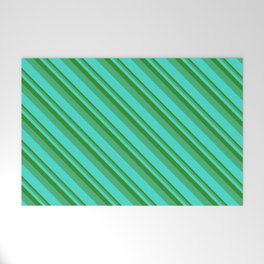 [ Thumbnail: Forest Green, Sea Green & Turquoise Colored Lined Pattern Welcome Mat ]